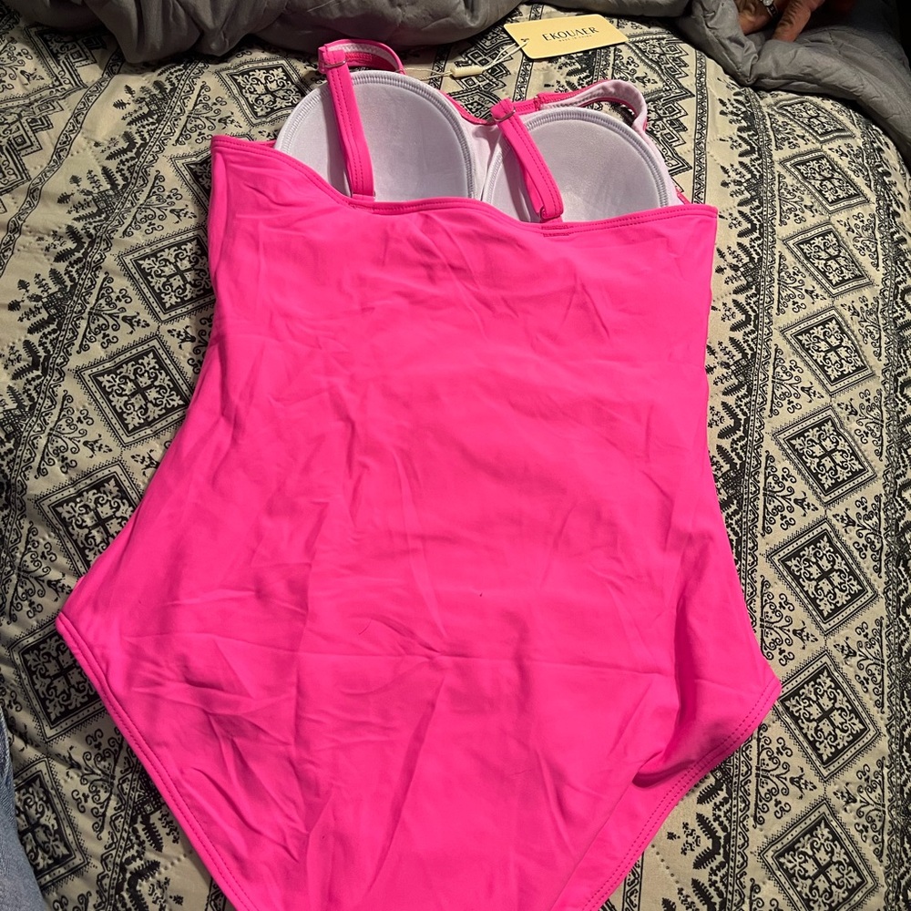 Women’s Bright Pink Ruched Swim Bodysuit - Picture 3 of 3